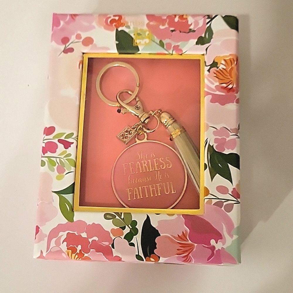 MARY SQUARE She Is Fearless Because He Is Faithful Keychain NWT  Pink